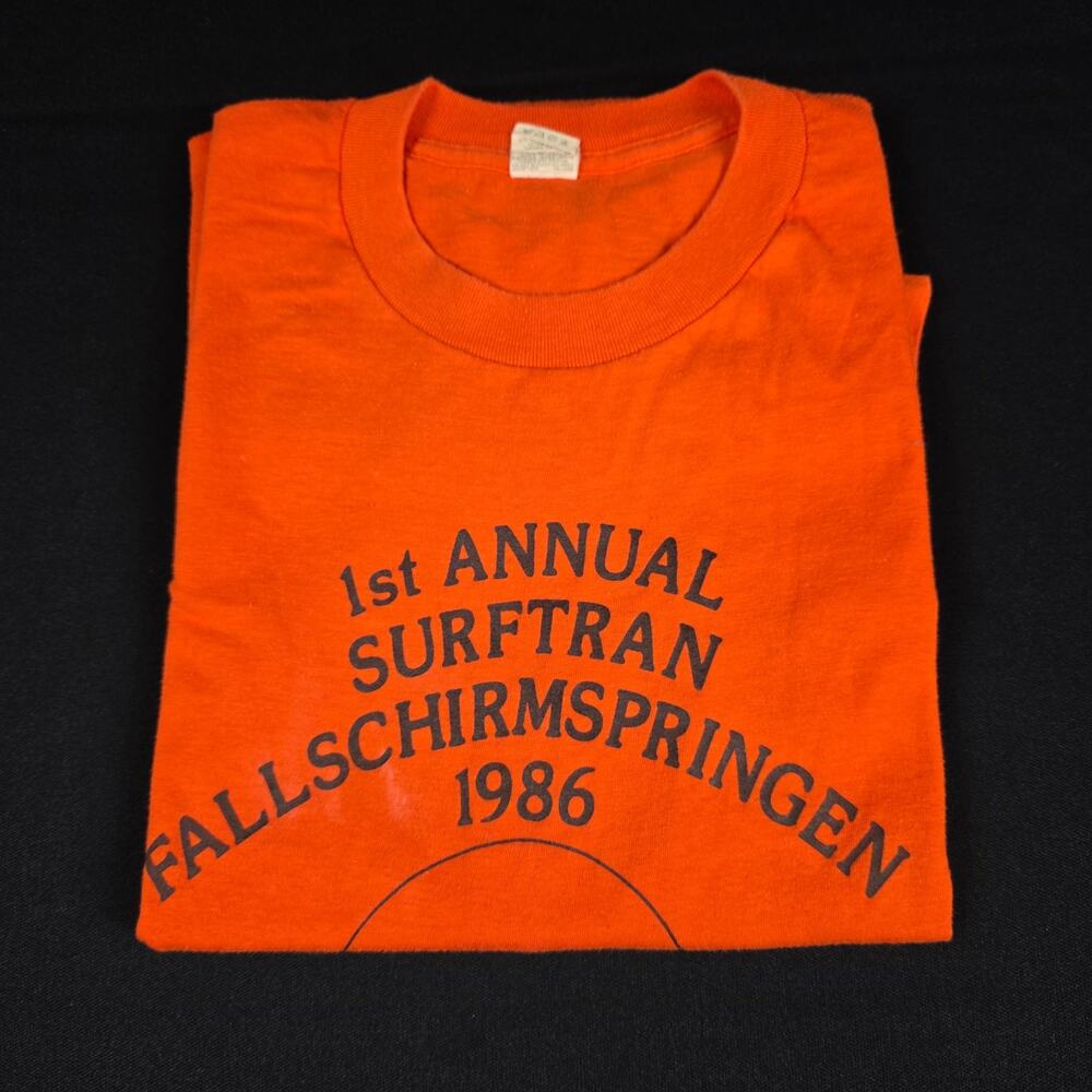 SCREEN STARS T-Shirt Men's XL Orange 1986 Parachuting Crew Neck Surftran
